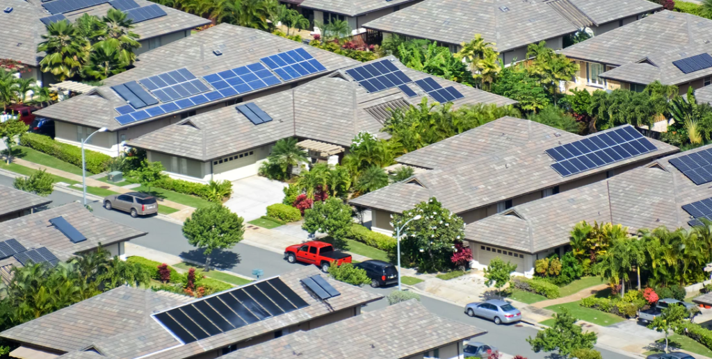 aerial view of homes with solar panels